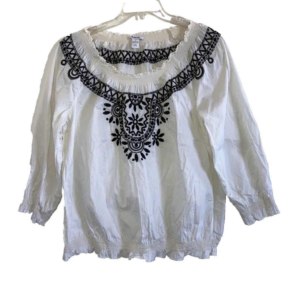 STYLE & CO 14 100% Cotton Ivory White Black Embroidered Peasant Top Breathable